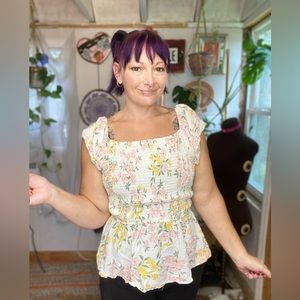 Emily Wonder Floral Bohemian Peplum Flowy Smocked Top Size XLarge